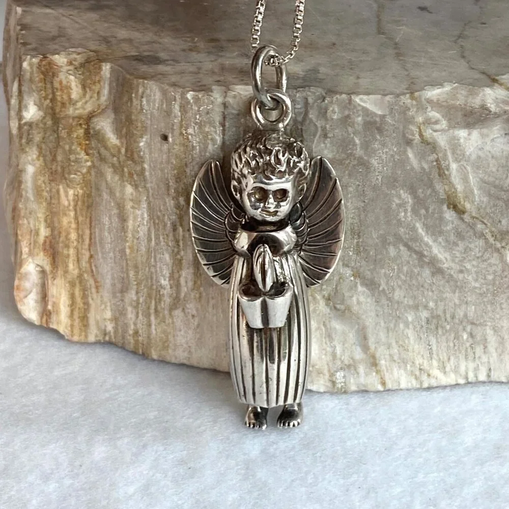 VTG Sterling Silver 925 Mexico Celia Harms Articulating Angel Pendant Necklace